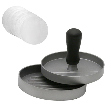 Household Food Grade Aluminum Alloy Kitchen Non-stick Coating Pressure Meat Patty Cake Hamburger Mold with 40 PCS Sided Silicone Papers, 1PC Black Handle