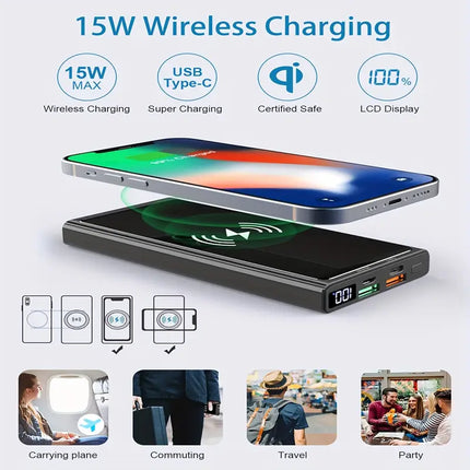 Wireless Power Bank 10000mAh | 20W PD + QC3.0 Fast Charging, 15W Wireless Charger with LED Display, 2 Inputs & 4 Outputs for iPhone, Samsung, Huawei, iPad, Headsets