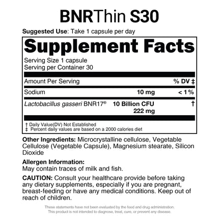 AceBiome BNRThin S30 Probiotic – Lactobacillus gasseri BNR17, 10B CFU, 30 Caps