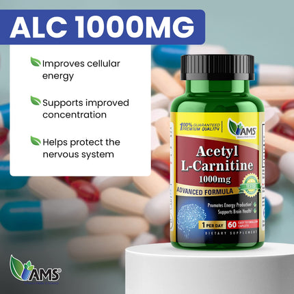 America Medic & Science Acetyl L-Carnitine 1000mg | 60 Tablets | Energy & Brain Health