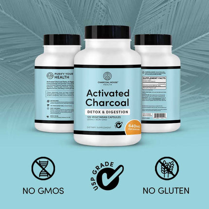 Activated Charcoal Capsules 125 Vegetarian Capsules 320mg - Vegan 100% Pure Coconut Shell Charcoal No Filler