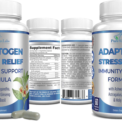 Adaptogen Stress Relief Immune Support Formula - Ashwagandha, Ginseng & 9 Herbs, 60 Capsules (Pack of 2)