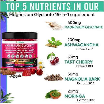 Adndale 180ct 15-in-1 Magnesium Glycinate Gummies 400 mg/serving with Ashwagandha, Tart Cherry & More