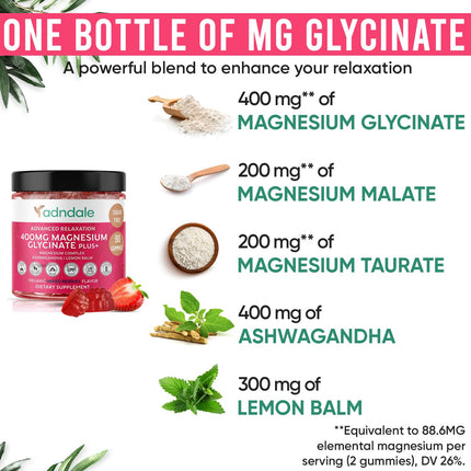 Adndale Magnesium Glycinate Gummies 180 CT with Ashwagandha, Malate & Taurate — Sugar-Free, Mixed Berry