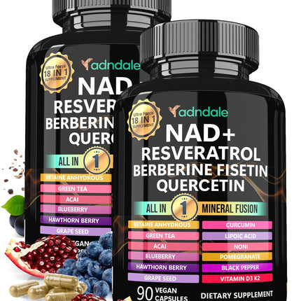 Adndale NAD Supplement – Longevity Formula with NAD+, Trans-Resveratrol, Berberine, Quercetin, 180 Capsules