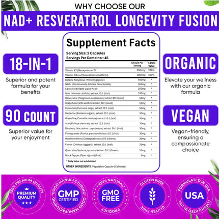 Adndale NAD Supplement – Longevity Formula with NAD+, Trans-Resveratrol, Berberine, Quercetin, 180 Capsules
