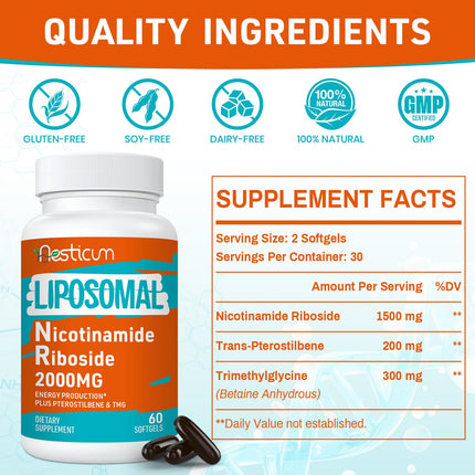 Aesticum 2000 mg Nicotinamide Riboside NMNH – Liposomal NR with TMG & Pterostilbene, NAD+, Energy, Immunity – 120 Softgels