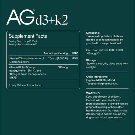 AG1 Vitamin D3 K2 Drops – 1000IU D3, 100mcg K2 per Serving | Supports Bone Density