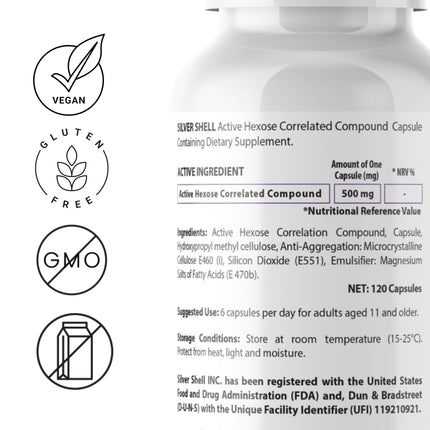Active Hexose Correlated Compound Supplements – 120 Vegan Caps, 500mg | Organic Shiitake