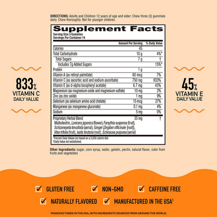 Airborne 750mg Vitamin C Immunity Gummies – Zesty Orange, Gluten Free (42 Gummies, 2 Pack)