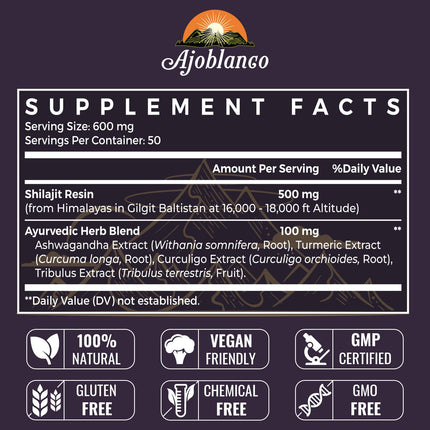 Ajoblanco 600mg Himalayan Shilajit Resin – Organic Ayurvedic Blend, Pack of 2 for Energy & Immunity