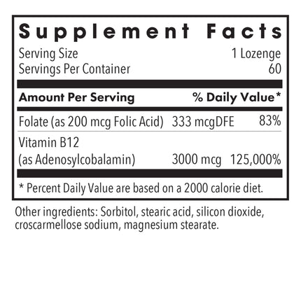 Allergy Research Group B12 Adenosylcobalamin Lozenges with Folic Acid - 3000 mcg B12, Folate, 60 Count