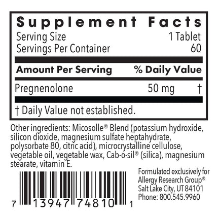 Allergy Research Group Pregnenolone Supplement 50mg - Hormone & Stress Support - Non-GMO Wild Yam, Micronized Lipid Matrix, Plant-Sourced - 60 Tablets
