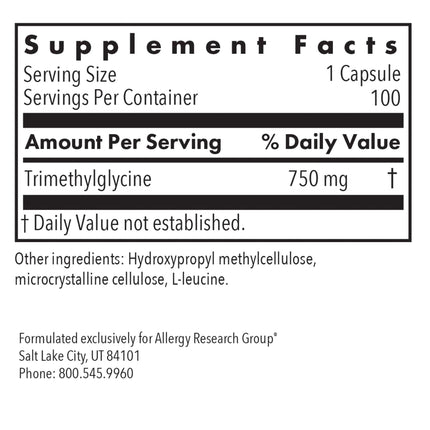 Allergy Research Group TMG Trimethylglycine 750mg – Betaine Anhydrous, 100 Capsules