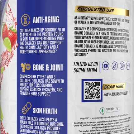 Alpha Supps Premium Hydrolyzed Collagen Powder - Strawberry Lime, 30 Servings