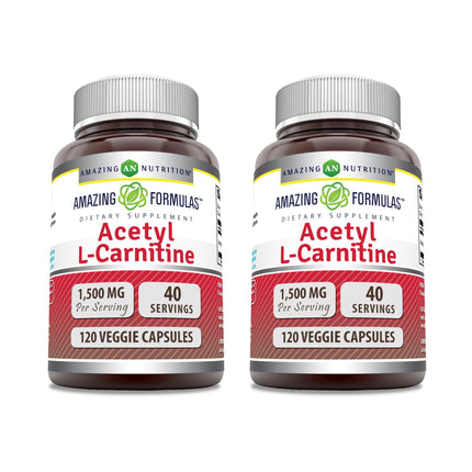 Amazing Formulas Acetyl L-Carnitine HCl 1500 mg Veggie Capsules – Non-GMO, Gluten Free, Made in USA | Vegetarian | Pack of 2 (120 Count)