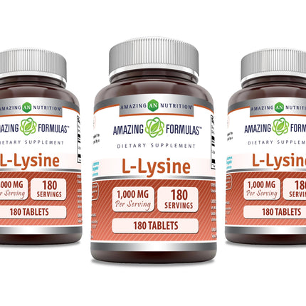 Amazing Formulas L-Lysine 1000mg – Non-GMO, Gluten Free, Made in USA | 180 Tablets per Bottle, 3 Pack