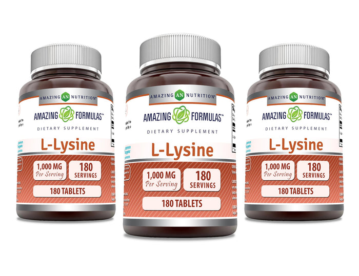 Amazing Formulas L-Lysine 1000mg – Non-GMO, Gluten Free, Made in USA | 180 Tablets per Bottle, 3 Pack