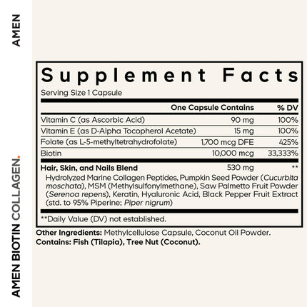 Amen Biotin Collagen Vitamins+ 10,000 mcg Biotin Supplement – 3-Month Supply | Hydrolyzed Collagen, Vitamins C & E