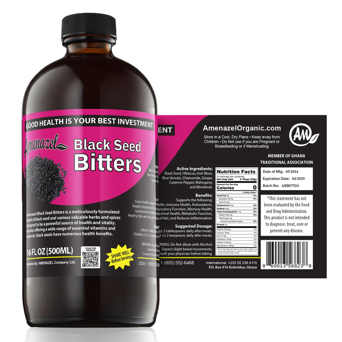 Amenazel Organic Black Seed Bitters - 16 fl oz | Immune Support & Digestive Cleansing