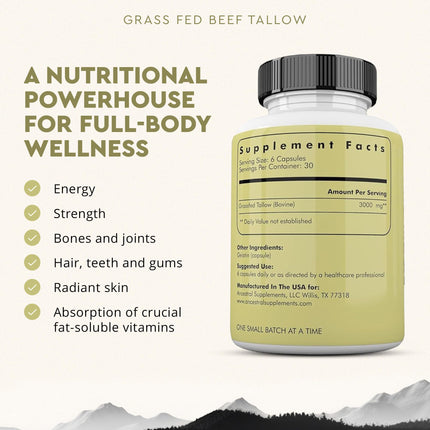 Ancestral Supplements Grass Fed Beef Tallow Capsules 3000mg – Non-GMO | 180 Capsules