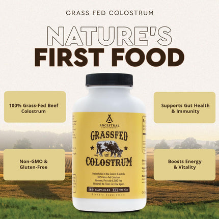 Ancestral Supplements Grass Fed Beef Colostrum Supplement – 3000 mg, 180 Capsules | Immune & Gut Health Support