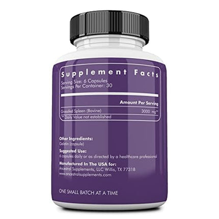 Ancestral Supplements Grass Fed Beef Spleen — 3000mg Spleen Support, Immune & Iron Health, 180 Capsules