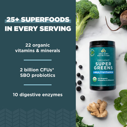 Ancient Nutrition Organic SuperGreens + Multivitamin Powder | 25 Servings, 7.5 oz