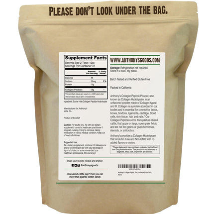 Anthony's Collagen Peptide Powder 1 lb – Pure Hydrolyzed, Grass-Fed, Gluten Free, Keto & Paleo