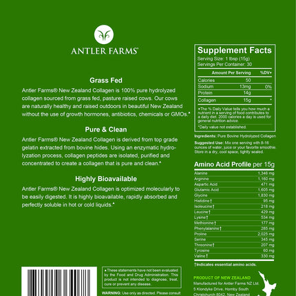 Antler Farms NZ Grass-Fed Collagen Powder – Unflavored, 1 lb, Hydrolyzed & Keto-Friendly
