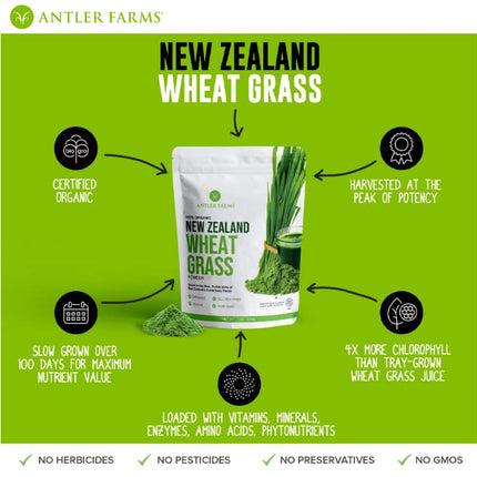 Antler Farms Wheatgrass Powder 200g – 100% Pure Organic NZ, 40 Servings