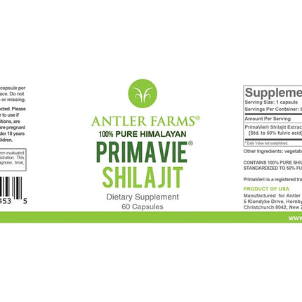 Antler Farms PrimaVie Shilajit for Men – 60 Capsules, 250 mg, 50% Fulvic Acid, Wild-Harvested Himalayan Resin (Pack of 2)