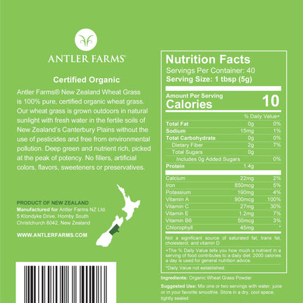 Antler Farms Wheatgrass Powder 200g – 100% Pure Organic NZ, 40 Servings