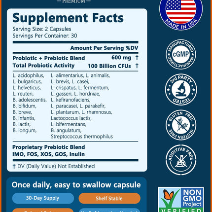 Anven Health 100 Billion Probiotics – 27 Strains, 5 Organic Prebiotics, Gut & Immune Support | Made in USA | 120 Caps