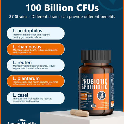 Anven Health 100 Billion Probiotics – 27 Strains, 5 Organic Prebiotics, Gut & Immune Support | Made in USA | 120 Caps
