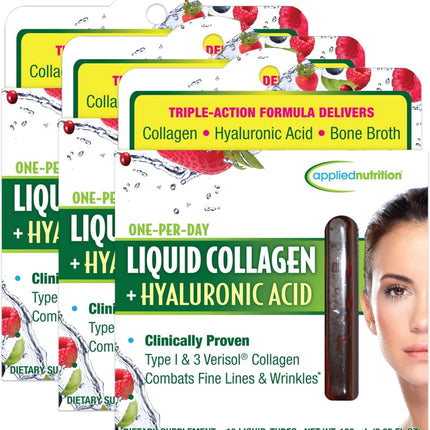 Applied Nutrition Liquid Collagen + Hyaluronic Acid – Skin & Nail Restoration (30 Servings, Pack of 3, Mixed Berry)