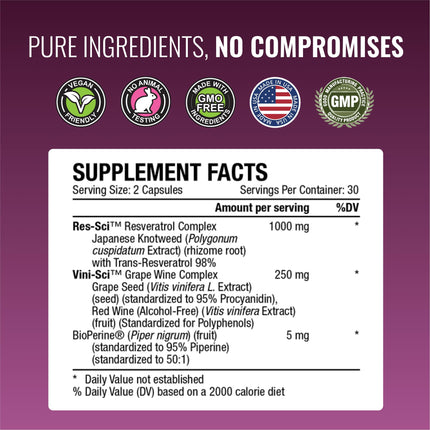 Approved Science® Resveratrol 1000 mg Trans-Resveratrol | 60 Vegan Capsules | Bioperine® | 98% Purity