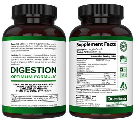 Arazo Nutrition Digestive Enzymes with Probiotics – Multi-Enzyme Digestive Supplement (120 Pills x 2 Pack)