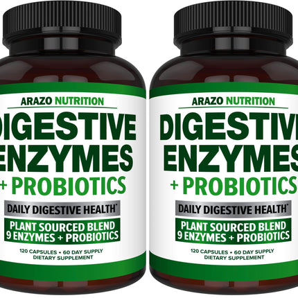 Arazo Nutrition Digestive Enzymes with Probiotics – Multi-Enzyme Digestive Supplement (120 Pills x 2 Pack)