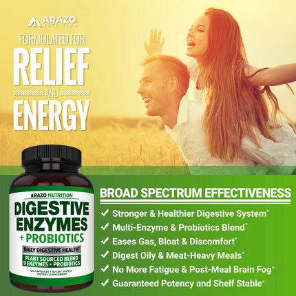 Arazo Nutrition Digestive Enzymes with Probiotics – Multi-Enzyme Digestive Supplement (120 Pills x 2 Pack)