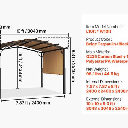 VEVOR Outdoor Pergola Arched Top Metal Pergola Retractable Pergola with Sun Shade Canopy Large Patio Shelter Pavilion for Deck