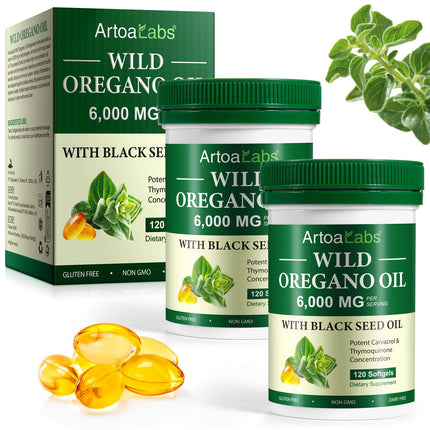 Artoalabs Oil of Oregano Softgels - 2 Pack (6000mg) with Black Seed Oil | Immune Support | Dairy-Free | Non-GMO | 240 Count
