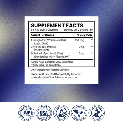 Research Verified Ashwagandha 1500mg Maximum Strength with Bioperine & Ginger Root – 60 Vegan Capsules