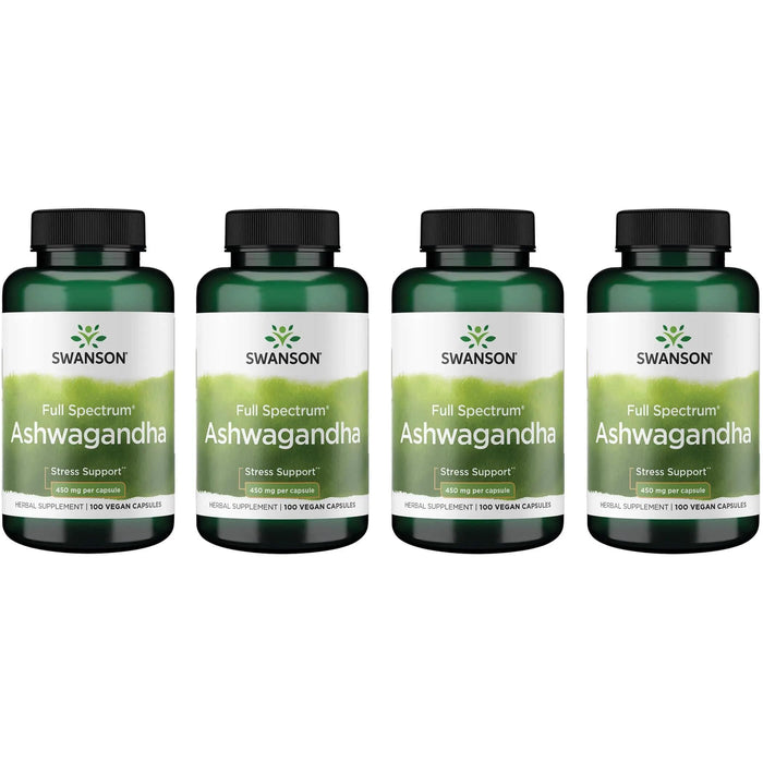 Swanson Ashwagandha Powder Supplement - Stress Relief & Energy | Ayurvedic Root 450mg, 100 Capsules, 4 Pack