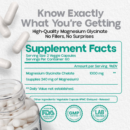 Atempo Magnesium Glycinate 1000mg – Chelated Capsule for Muscle Relaxation, Heart & Nerve Support | Vegan 120 Caps