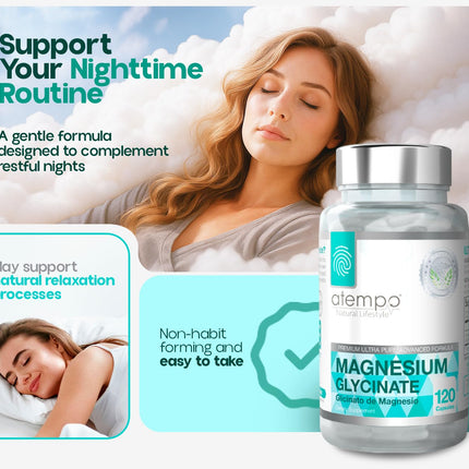 Atempo Magnesium Glycinate 1000mg – Chelated Capsule for Muscle Relaxation, Heart & Nerve Support | Vegan 120 Caps