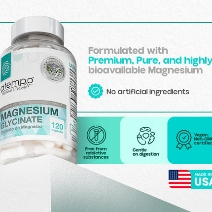 Atempo Magnesium Glycinate 1000mg – Chelated Capsule for Muscle Relaxation, Heart & Nerve Support | Vegan 120 Caps