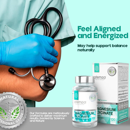 Atempo Magnesium Glycinate 1000mg – Chelated Capsule for Muscle Relaxation, Heart & Nerve Support | Vegan 120 Caps