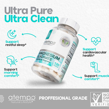 Atempo Magnesium Glycinate 1000mg – Chelated Capsule for Muscle Relaxation, Heart & Nerve Support | Vegan 120 Caps