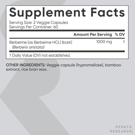 Sports Research Berberine 500mg – 120 Veggie Capsules | Vegan, Gluten-Free, Non-GMO